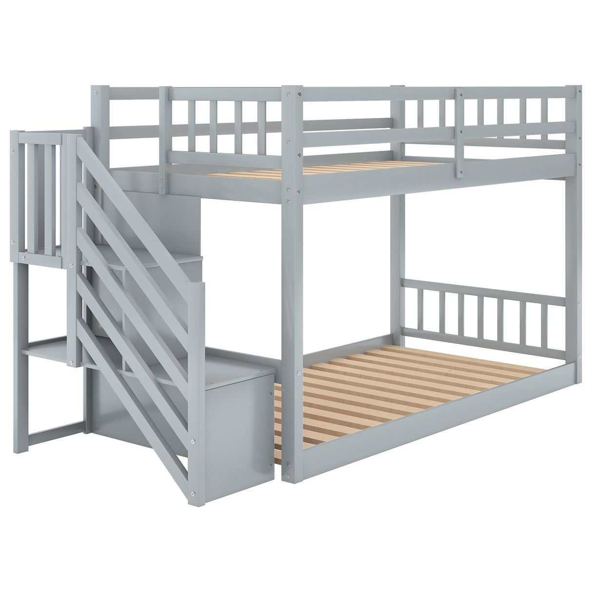 Twin over Twin Floor Bunk Bed, Ladder with Storage Gray