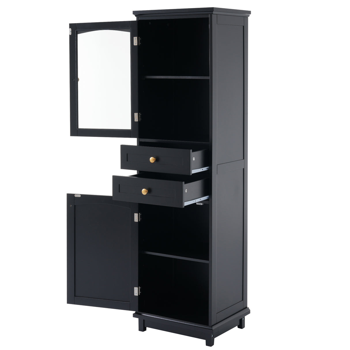 Tall Bathroom Storage Cabinet with Glass Doors, Free-Standing, Two Drawers, and Adjustable Shelves, MDF Board, Painted Black - V.I.P Digital Presence