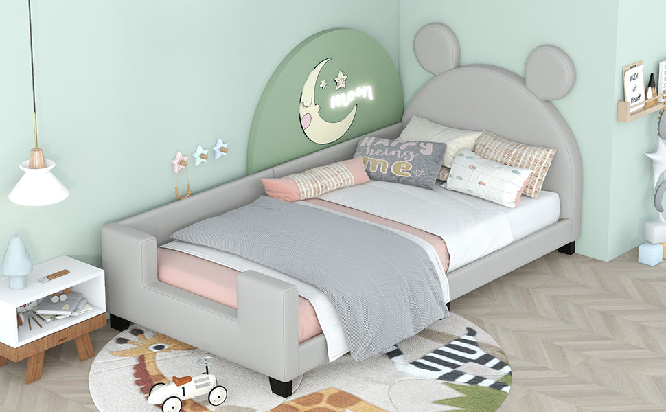Twin Size Upholstered Daybed with Carton Ears Shaped Headboard Grey
