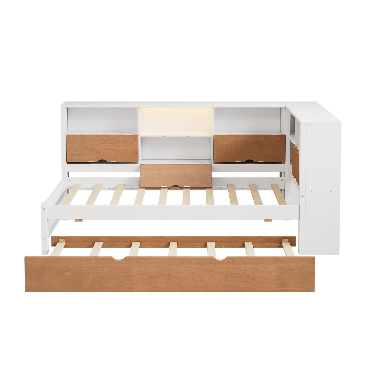 L-shaped bed frame with luggage and bookshelf, corner bed wooden captain's bed LED tube light and USB port walnut and white - V.I.P Digital Presence