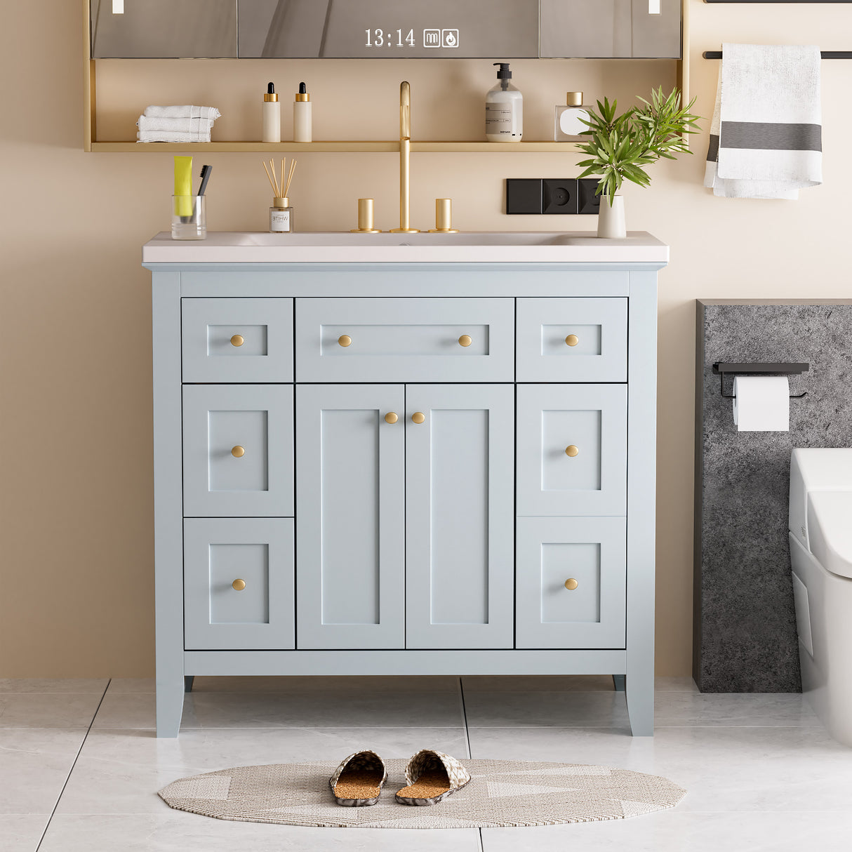 36 inch bathroom vanity with resin sink combination set with 6 drawers and 2 cabinets, storage cabinet vanity set, light blue - V.I.P Digital Presence