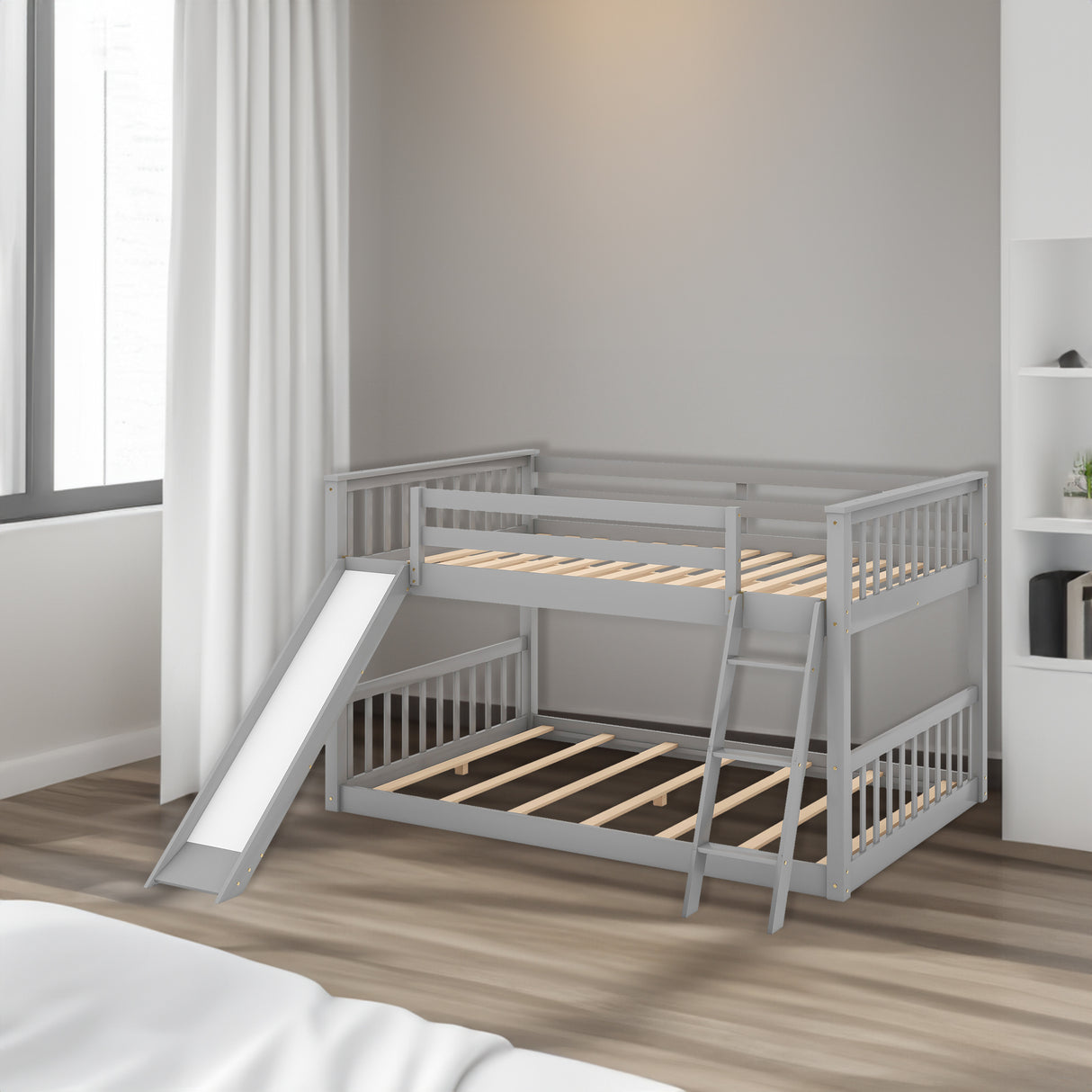 Full over Full Bunk Bed with Convertible Slide and Ladder Gray