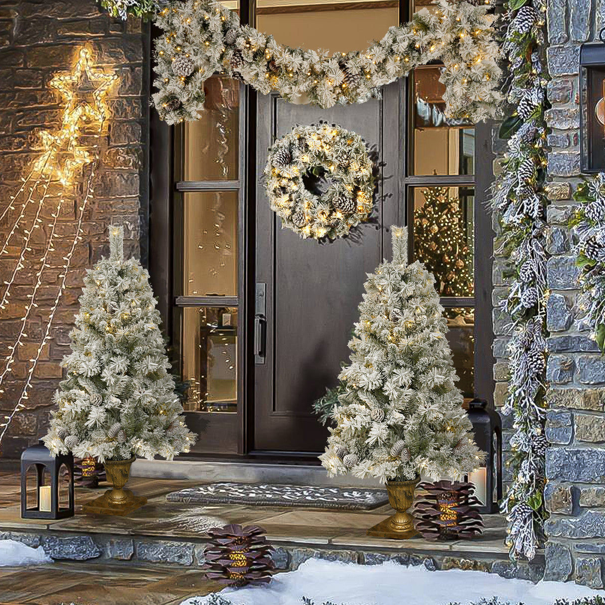 A set of 4 artificial Christmas trees, including flower garlands, flower garlands, and 2 entrance trees, with LED lights - V.I.P Digital Presence