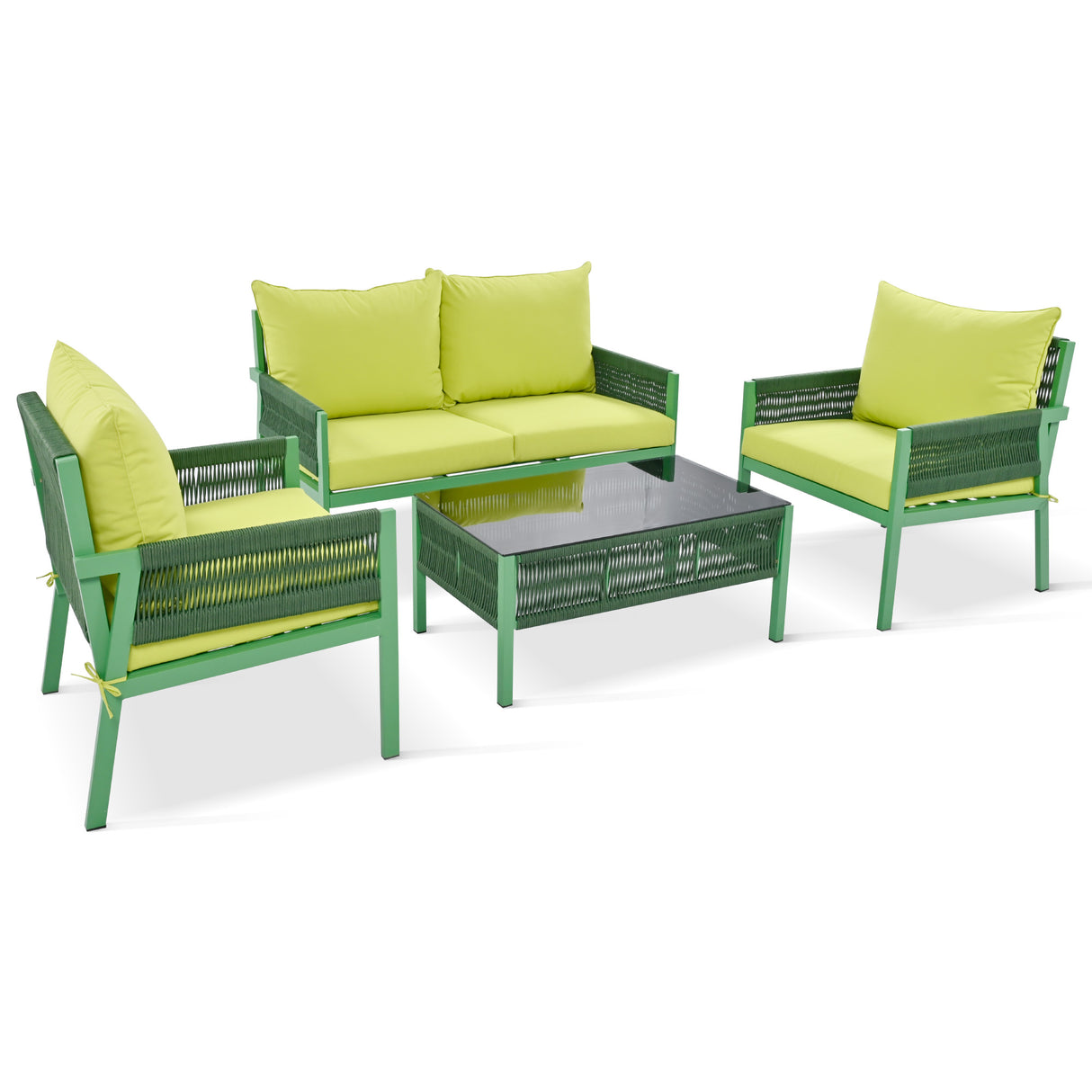Outdoor Furniture with Tempered Glass Table, Set Deep Seating with Thick Cushion (Fluorescent Yellow & Green)