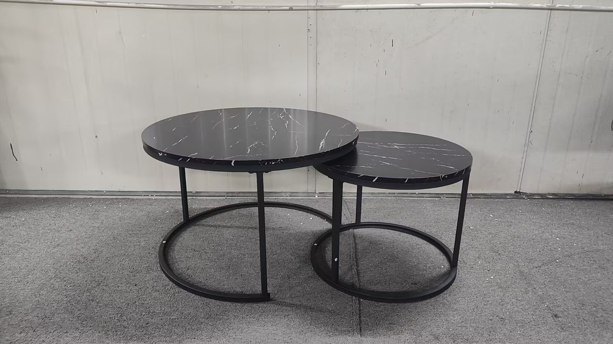 A set of nested coffee tables, 27.6-inch round coffee table, wooden marble patterned tabletop, sturdy metal frame (black) - V.I.P Digital Presence