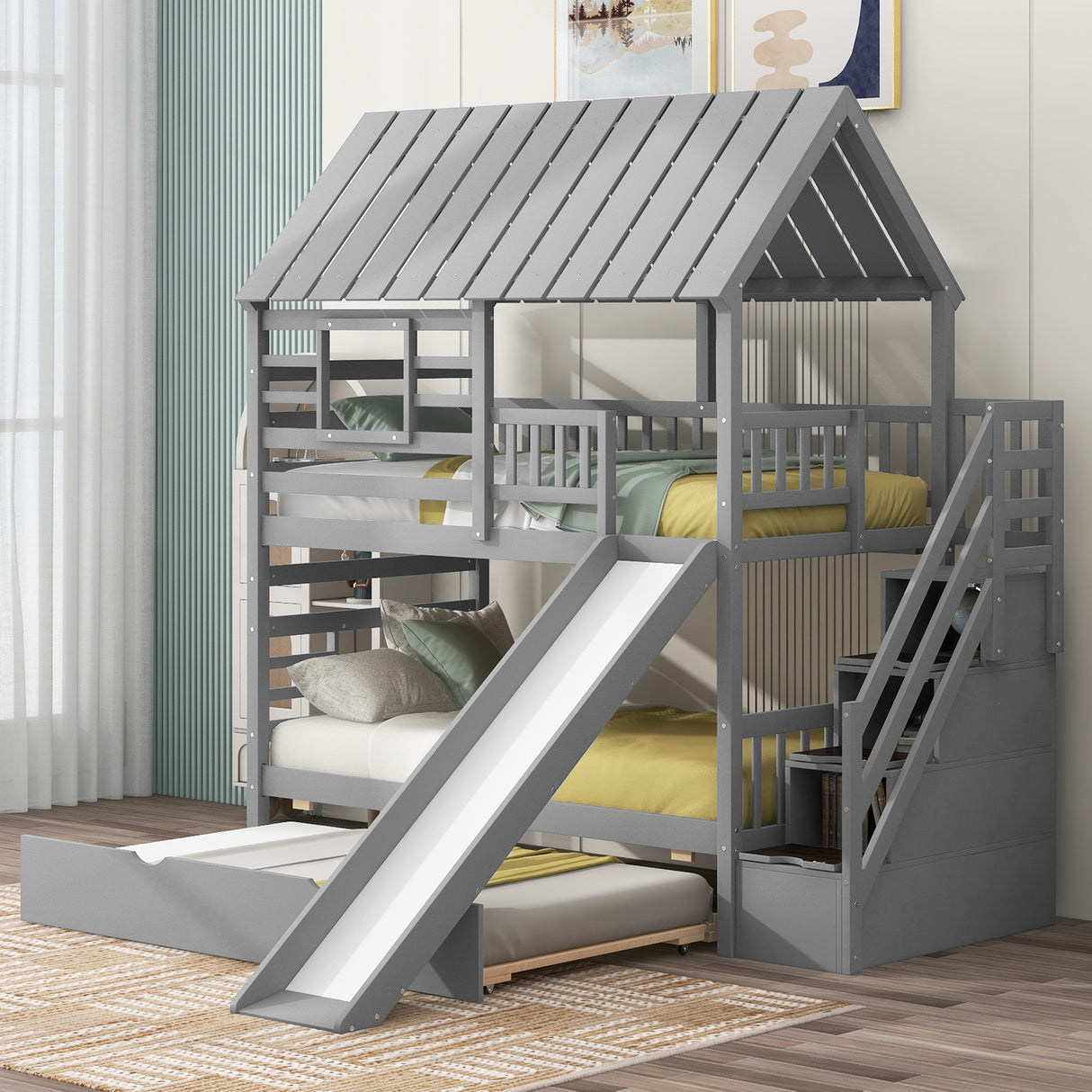 Twin over Twin House Bunk Bed with Trundle and Slide Storage Staircase, Roof and Window Design Gray