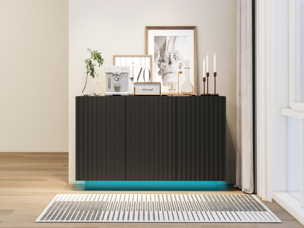 LED Carved Line 3 Door Storage Cabinet,Sideboard Buffet Cabinet With Adjustable Shelf,Large Storage Accent Cabinet - V.I.P Digital Presence