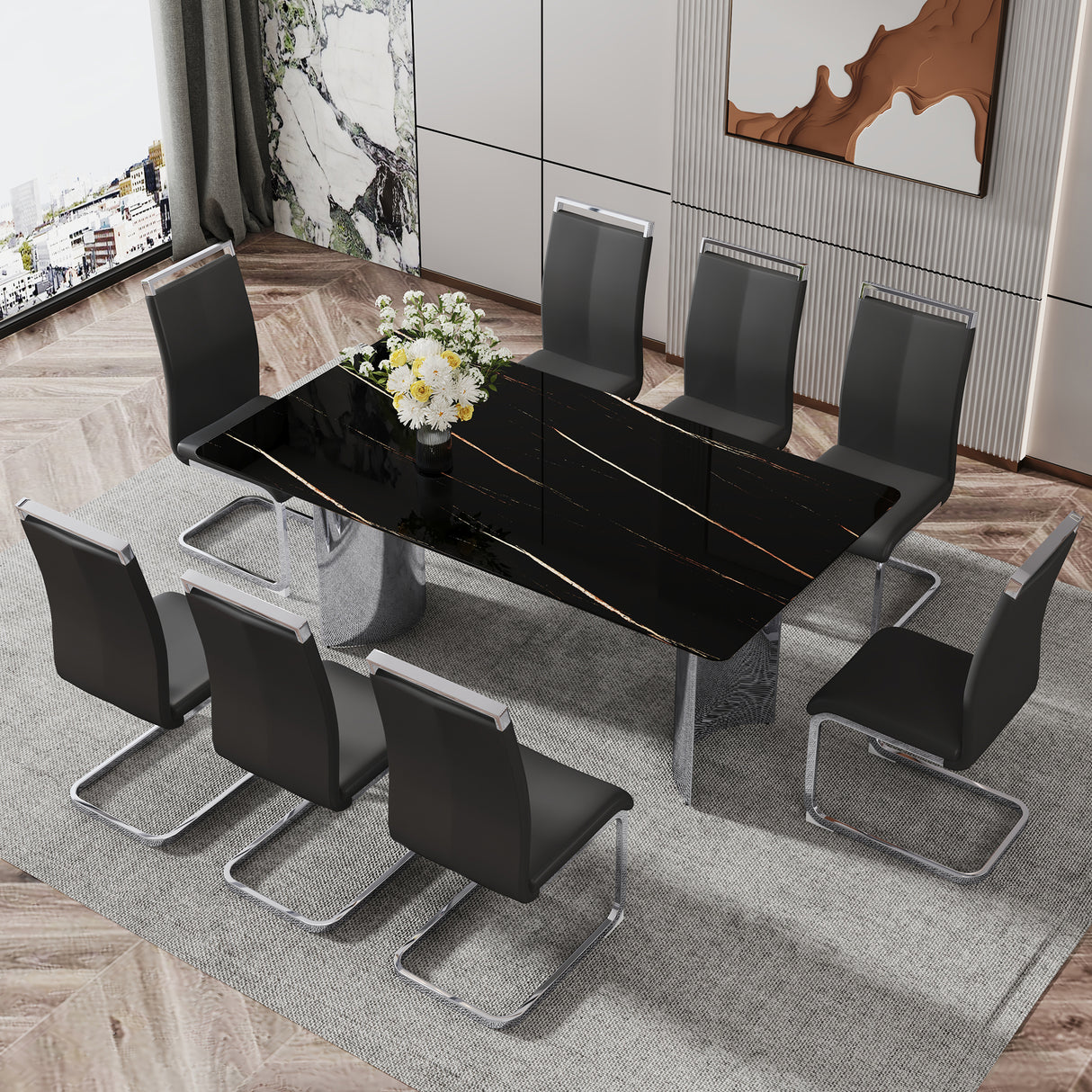 Modern minimalist dining table The black imitation marble glass desktop is equipped with silver metal legs - V.I.P Digital Presence