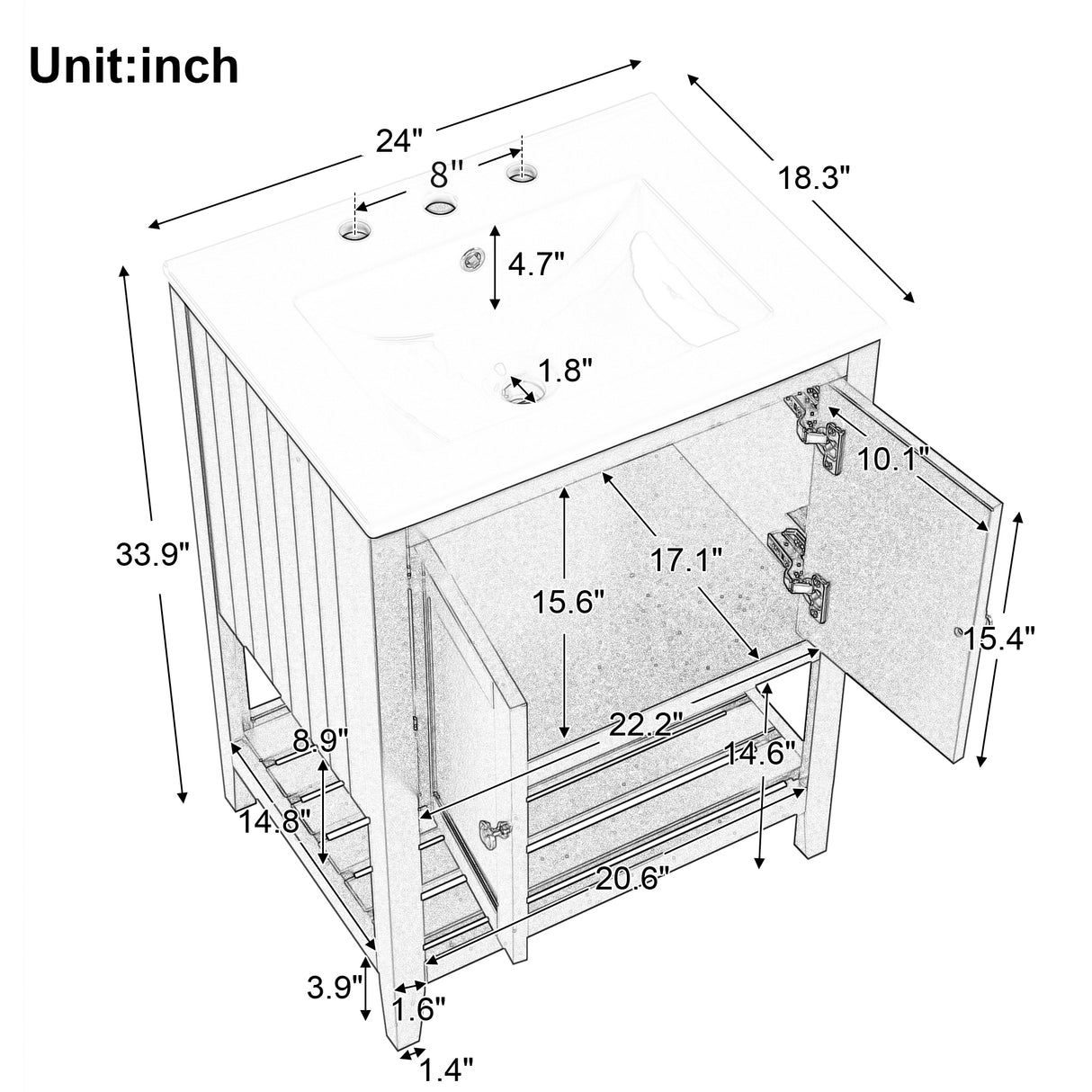 24" Black Modern Sleek Bathroom Vanity Elegant Ceramic Sink with Solid Wood Frame Open Style Shelf - V.I.P Digital Presence