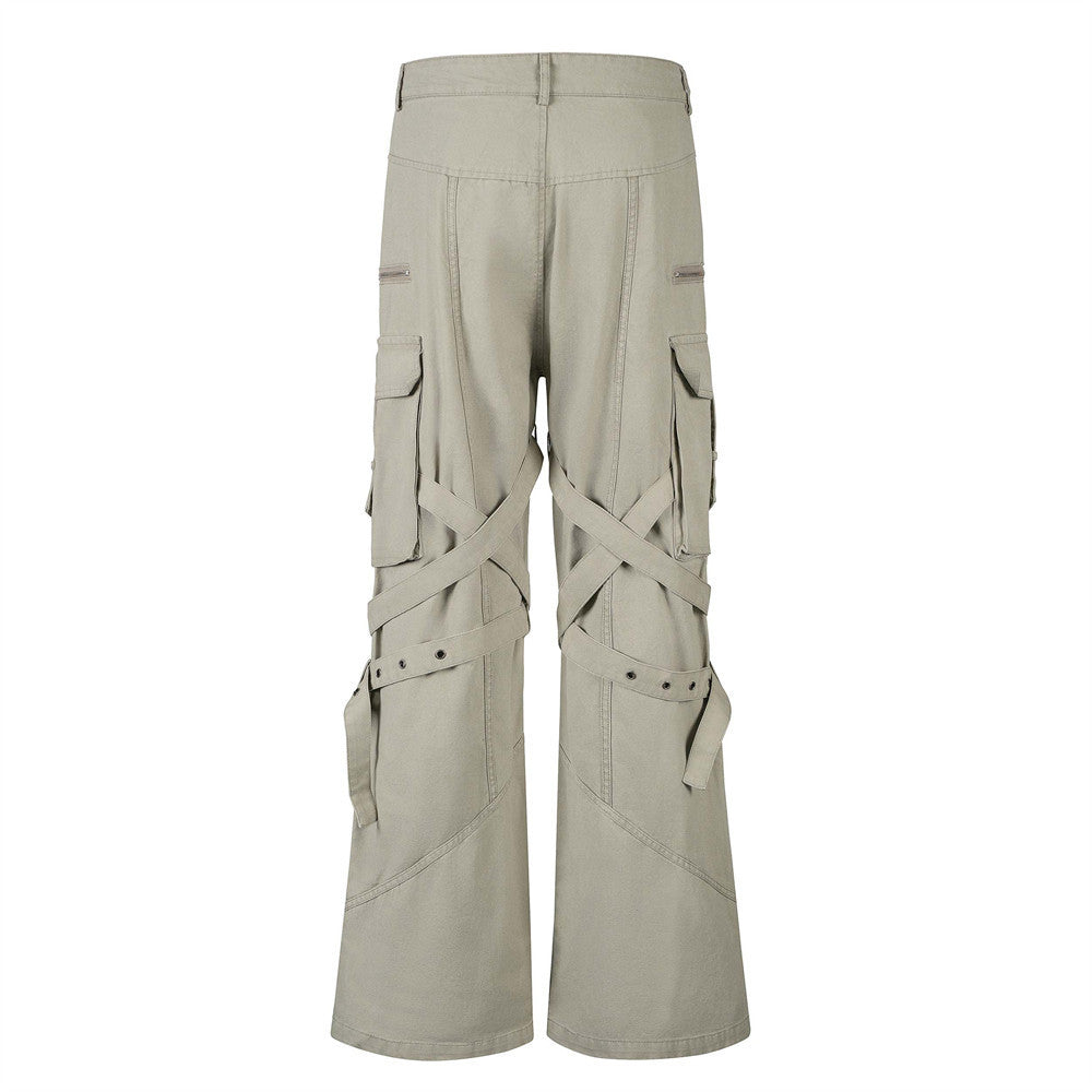 High Street Style Multi-Pocket Workwear Flared Trousers with Belt Design for Men - V.I.P Digital Presence