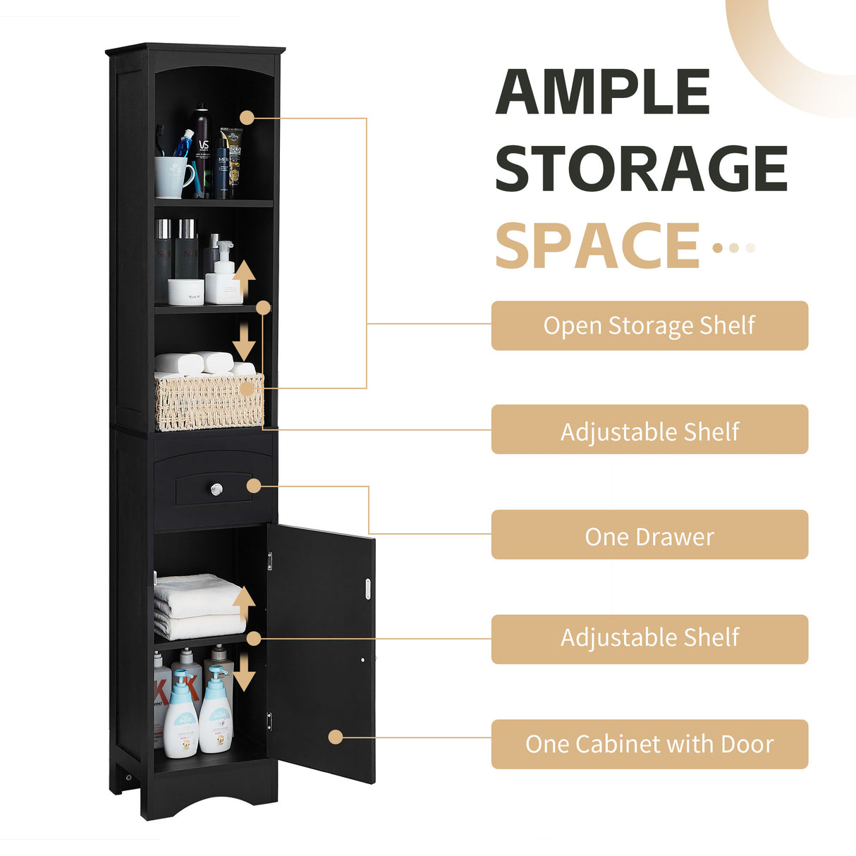 Tall Bathroom Cabinet, Freestanding Storage Cabinet with Drawer, MDF Board, Adjustable Shelf, Black - V.I.P Digital Presence