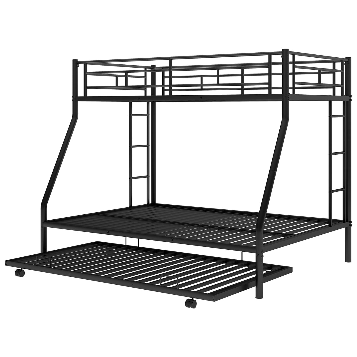 Twin over Full Bed with Sturdy Steel Frame Bunk Bed with Twin Size Trundle Two-Side Ladders Black