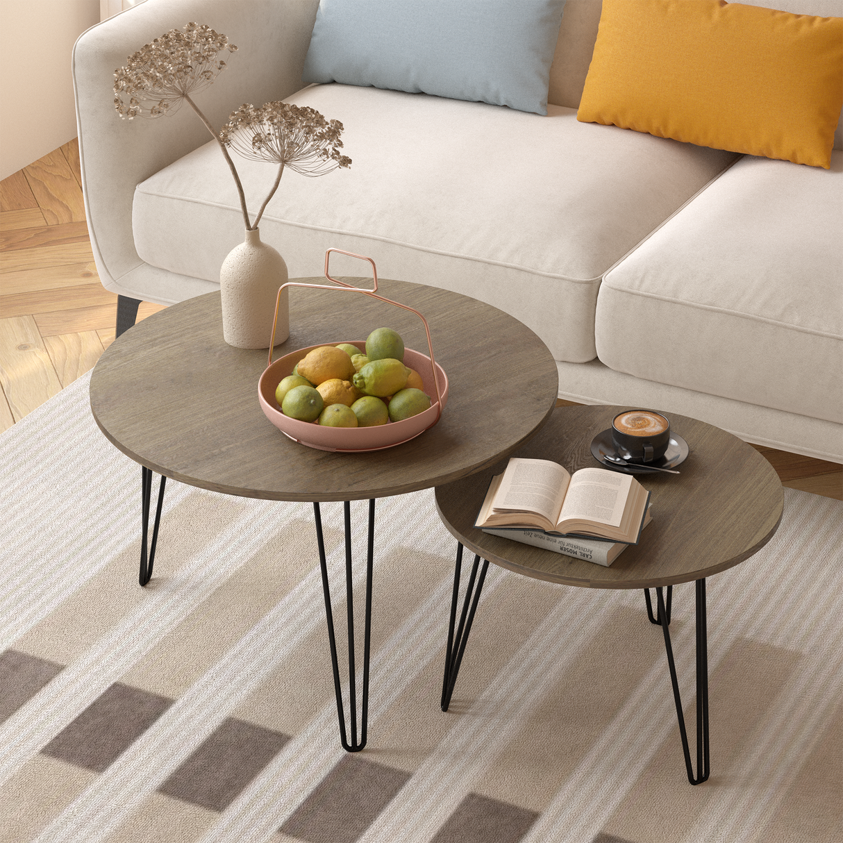 27.56'' Round Nesting Coffee Table Set of 2, Circular Nesting End Table Set Sturdy Metal Base for Living Room, bedroom, Brown - V.I.P Digital Presence