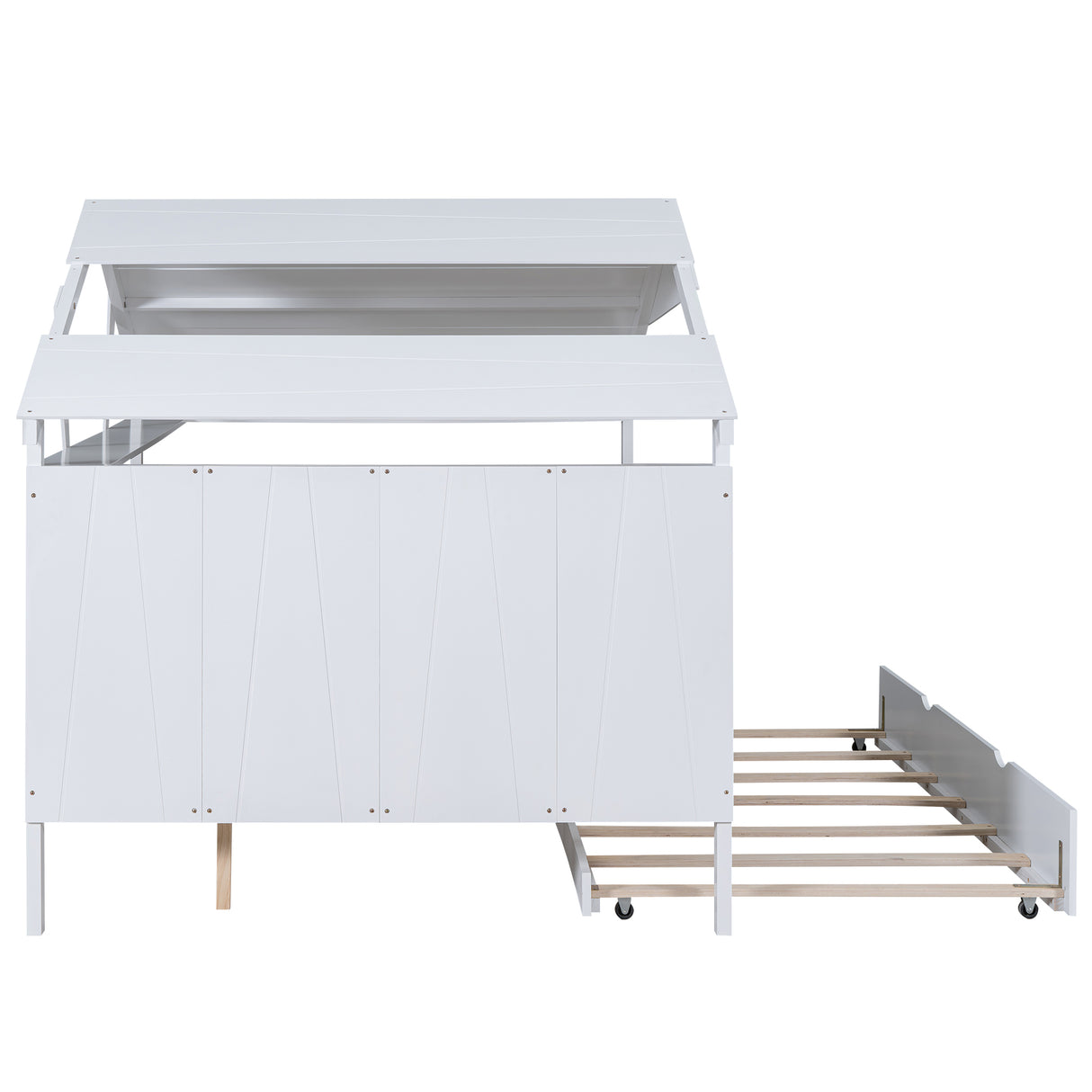 Wood Full Size House Bed with Twin Size Trundle and Storage White