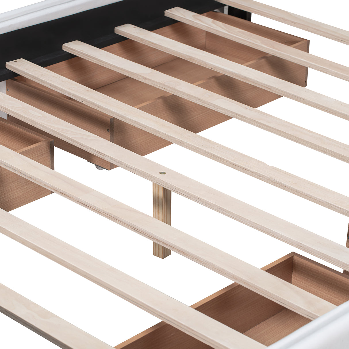 Upholstered Platform Bed with Classic Headboard and 4 Drawers No Box Spring Needed Linen Fabric Queen Size White - V.I.P Digital Presence