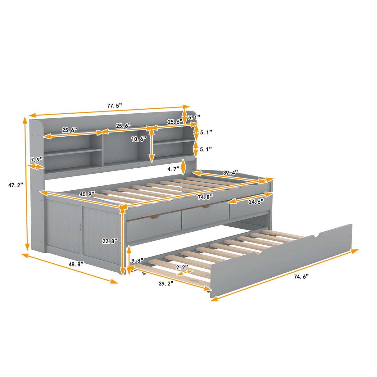 Twin Size Wooden Captain Bed with Built-in Bookshelves,Three Storage Drawers and Trundle Light Grey