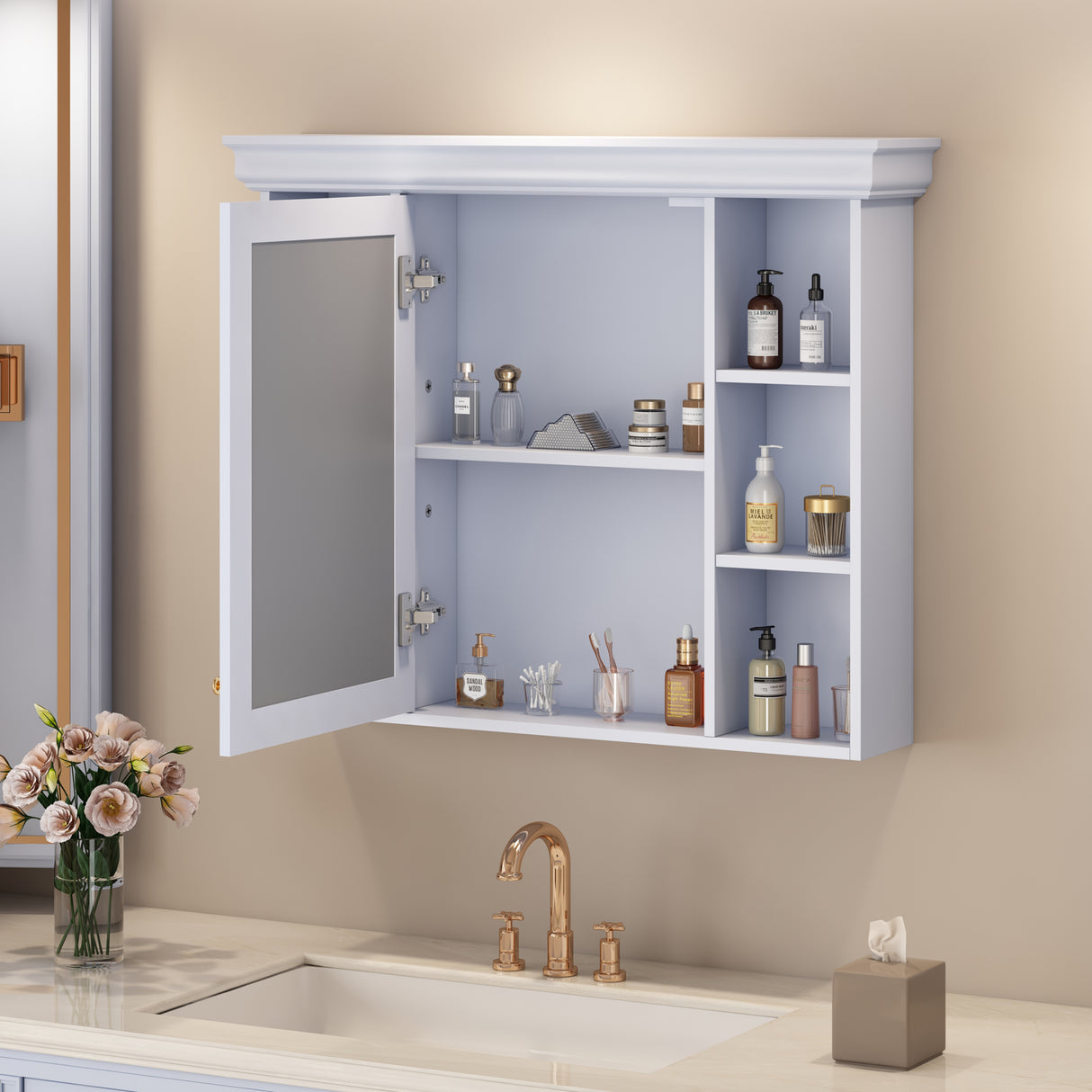 35'' x 28'' Blue Wall Mounted Bathroom Storage Cabinet with Mirror Door, Modern Bathroom Wall Cabinet with Mirror - V.I.P Digital Presence