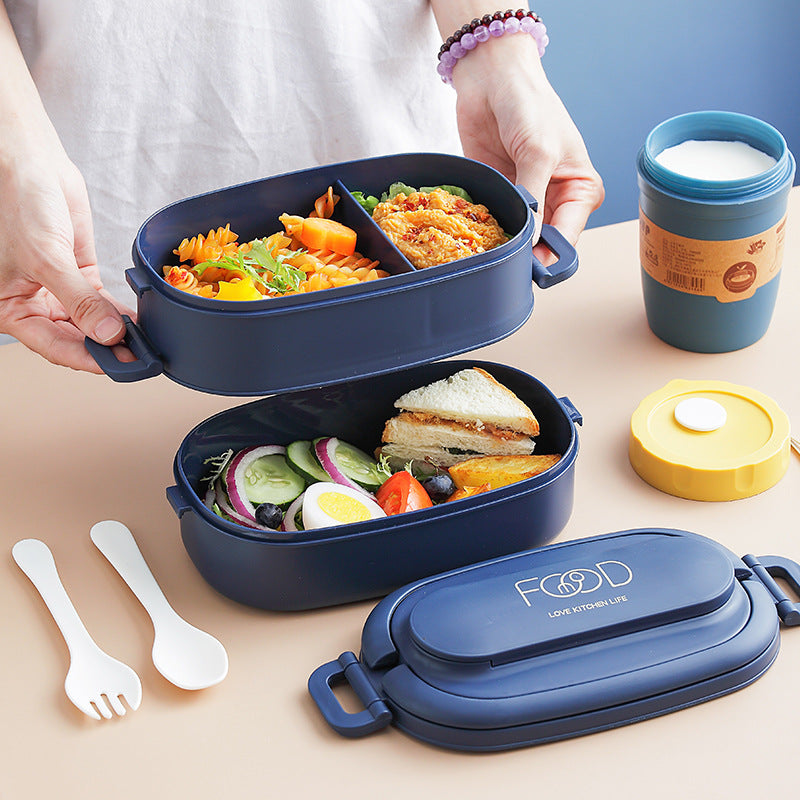 Japanese style simple portable microwaveable double layer partition lunch box bento box with cutlery - V.I.P Digital Presence