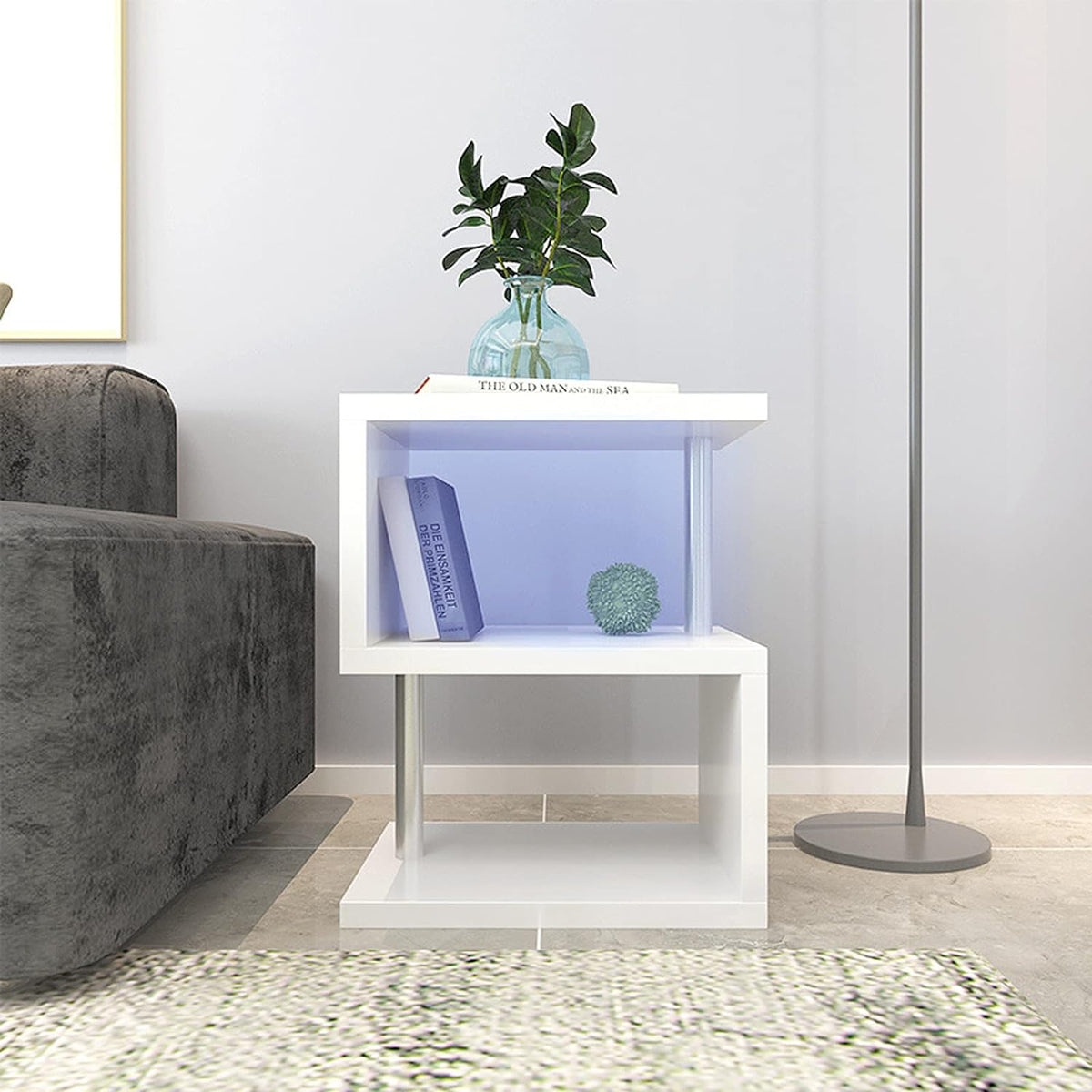 3-layer S-shaped coffee table, high gloss side table with open storage rack and USB power supply, white LED coffee table - V.I.P Digital Presence
