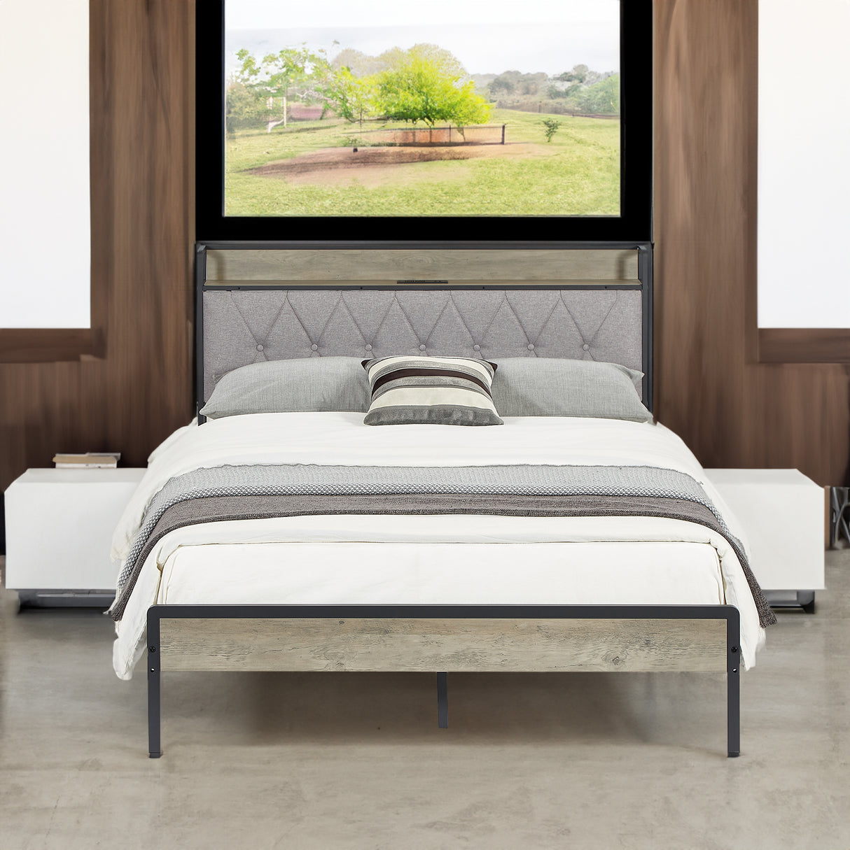 Bed frame with charging station full size, Grey, 83.1'' L x 56.1'' W x 39.2'' H. - V.I.P Digital Presence