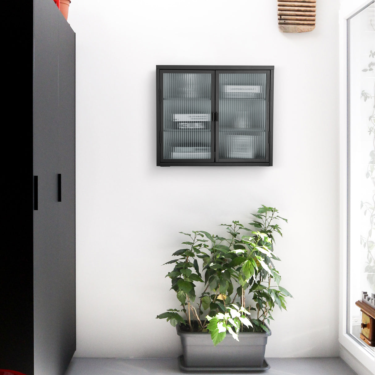 Retro Style Haze Double Glass Door Wall Cabinet With Detachable Shelves for Office Dining Room Living Room