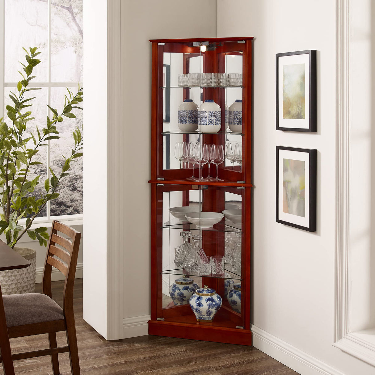Corner Curio Dispaly Cabinet with Lights, Adjustable Tempered Glass Shelves, Mirrored Back,Cherry(E26 light bulb not included) - V.I.P Digital Presence