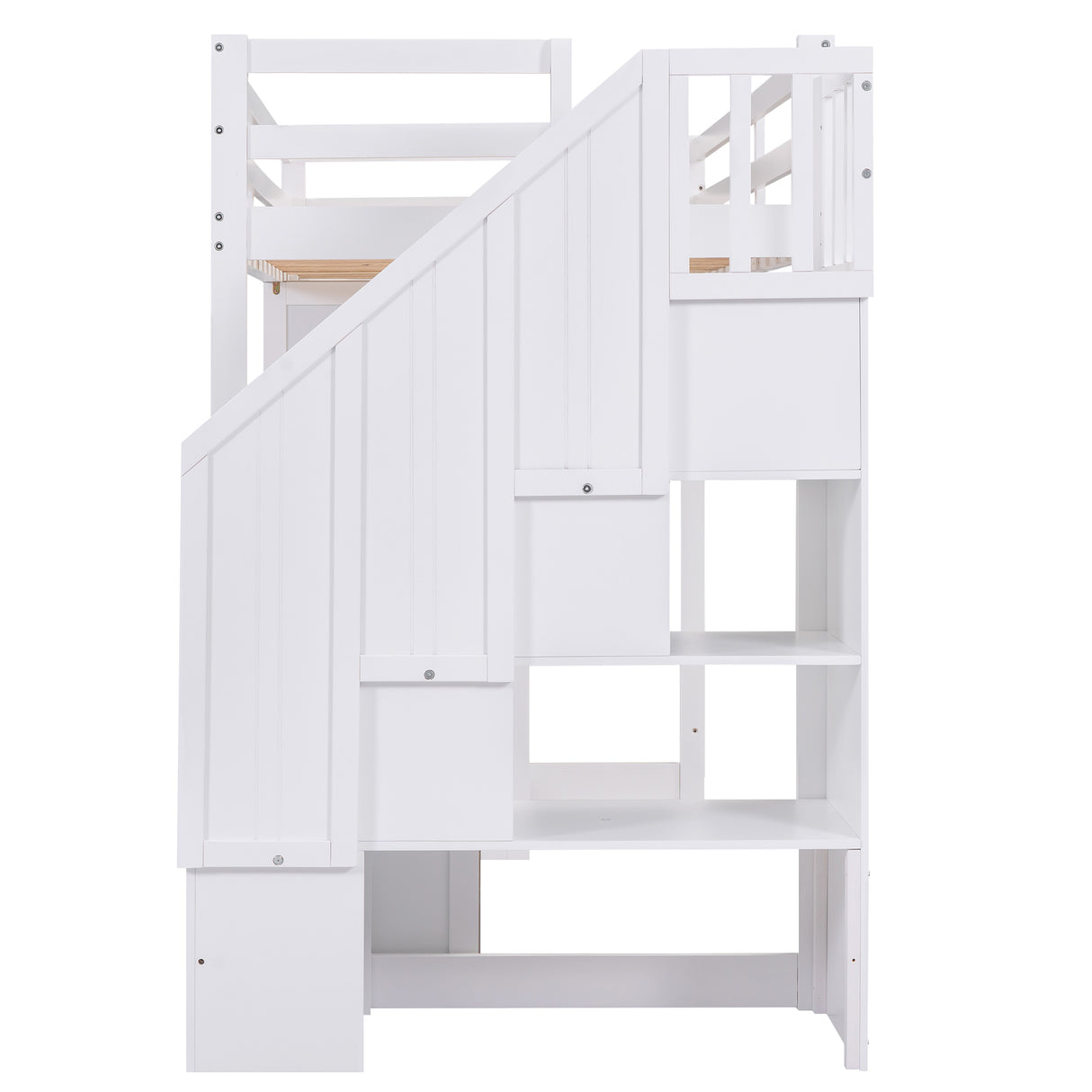 Twin Size Loft Bed with Wardrobe and Staircase, Desk and Storage Drawers and Cabinet in 1 White
