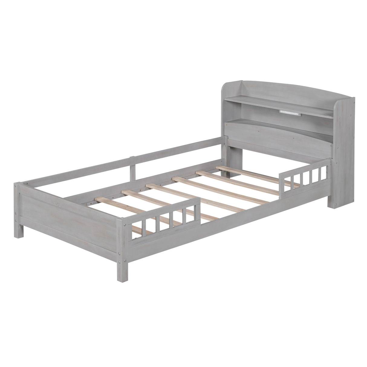 Wood Twin Size Platform Bed with Built-in LED Light Storage Headboard and Guardrail Antique Grey