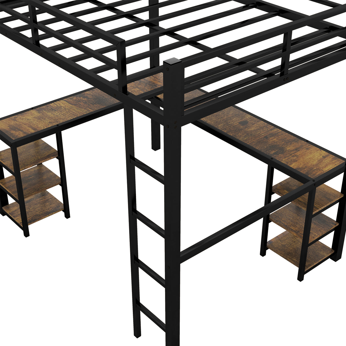 Full metal loft bed with desk and shelf, loft bed with ladder and guardrail, black with retro wood desk - V.I.P Digital Presence