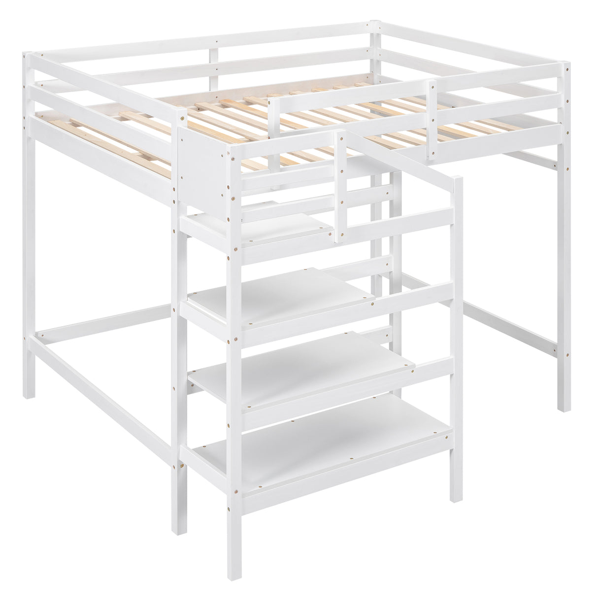 Full Size Loft Bed with Built-in Storage Staircase and Hanger for Clothes White