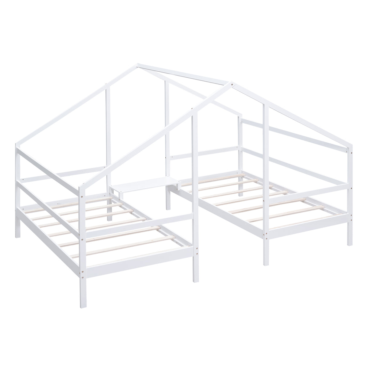 Double Twin Size Triangular House Beds with Built-in Table White