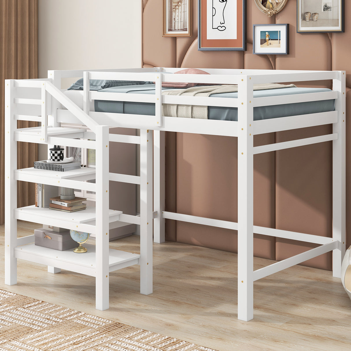 Full Size Loft Bed with Built-in Storage Staircase and Hanger for Clothes White