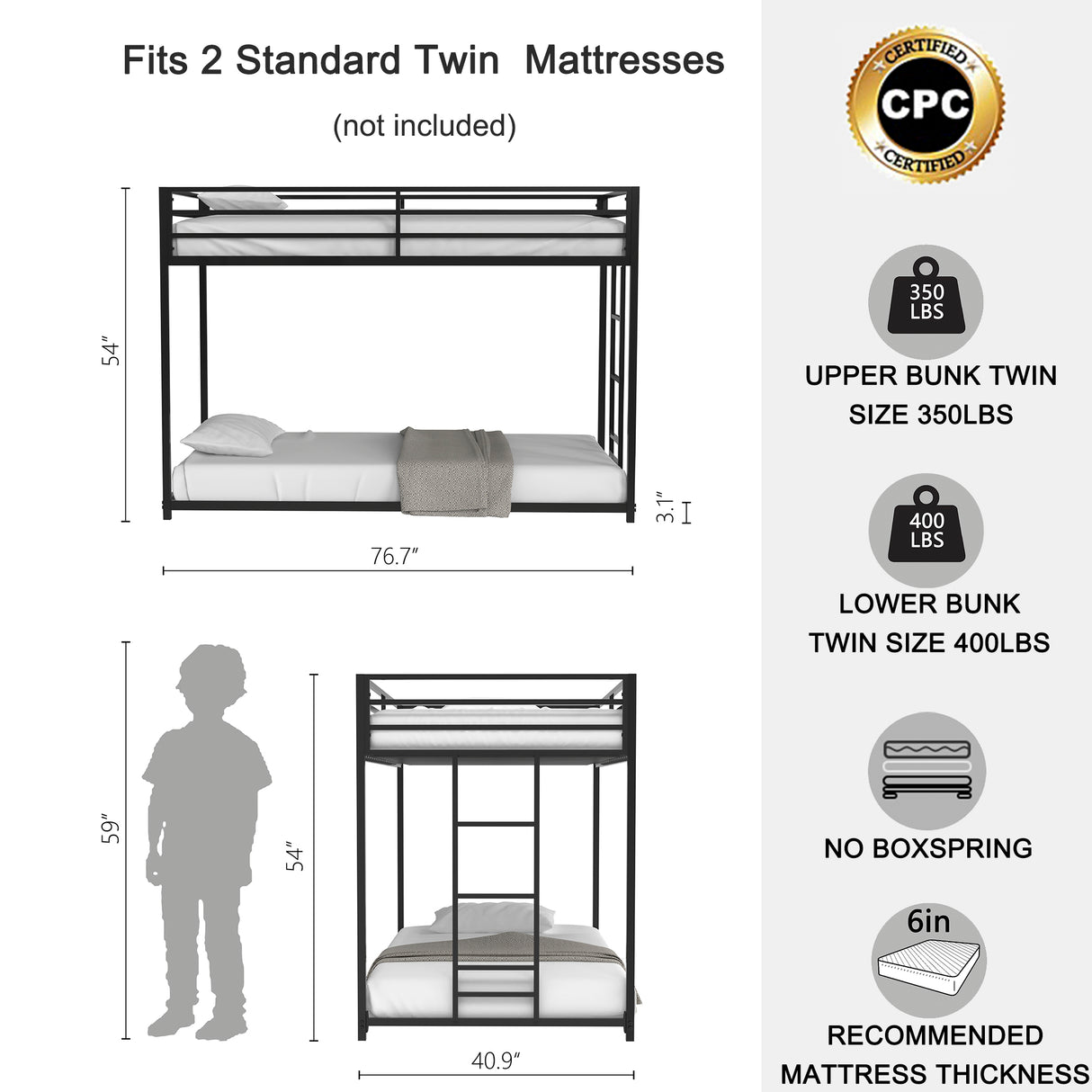 Adam Twin over Twin Metal Bunk, Black - V.I.P Digital Presence
