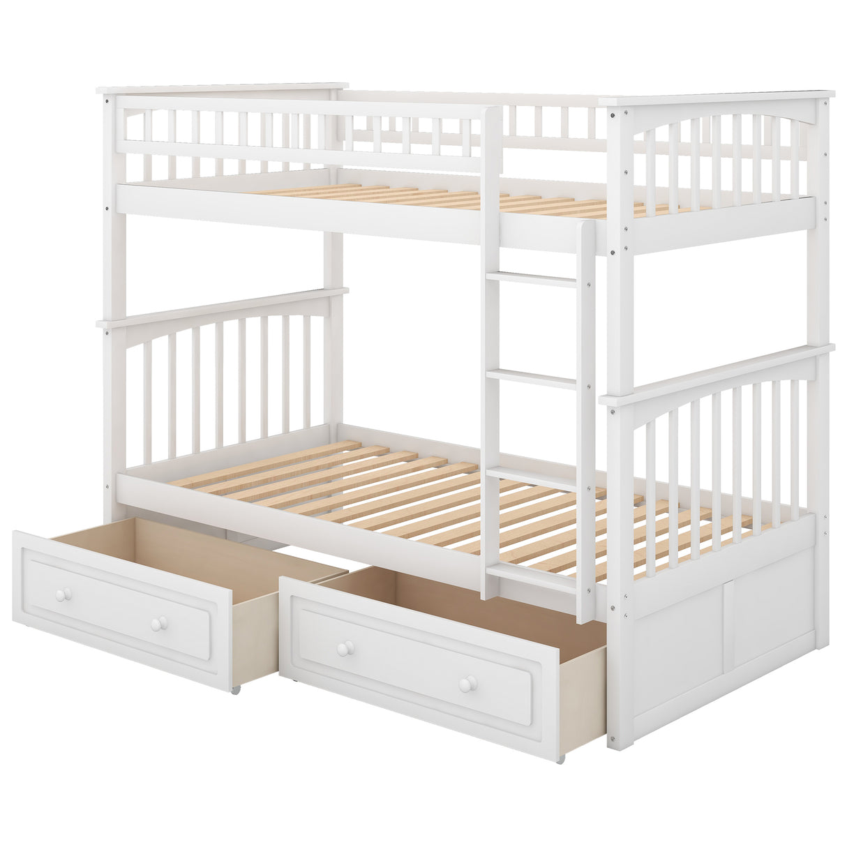 Twin over Twin Bunk Bed with Drawers Convertible Beds White