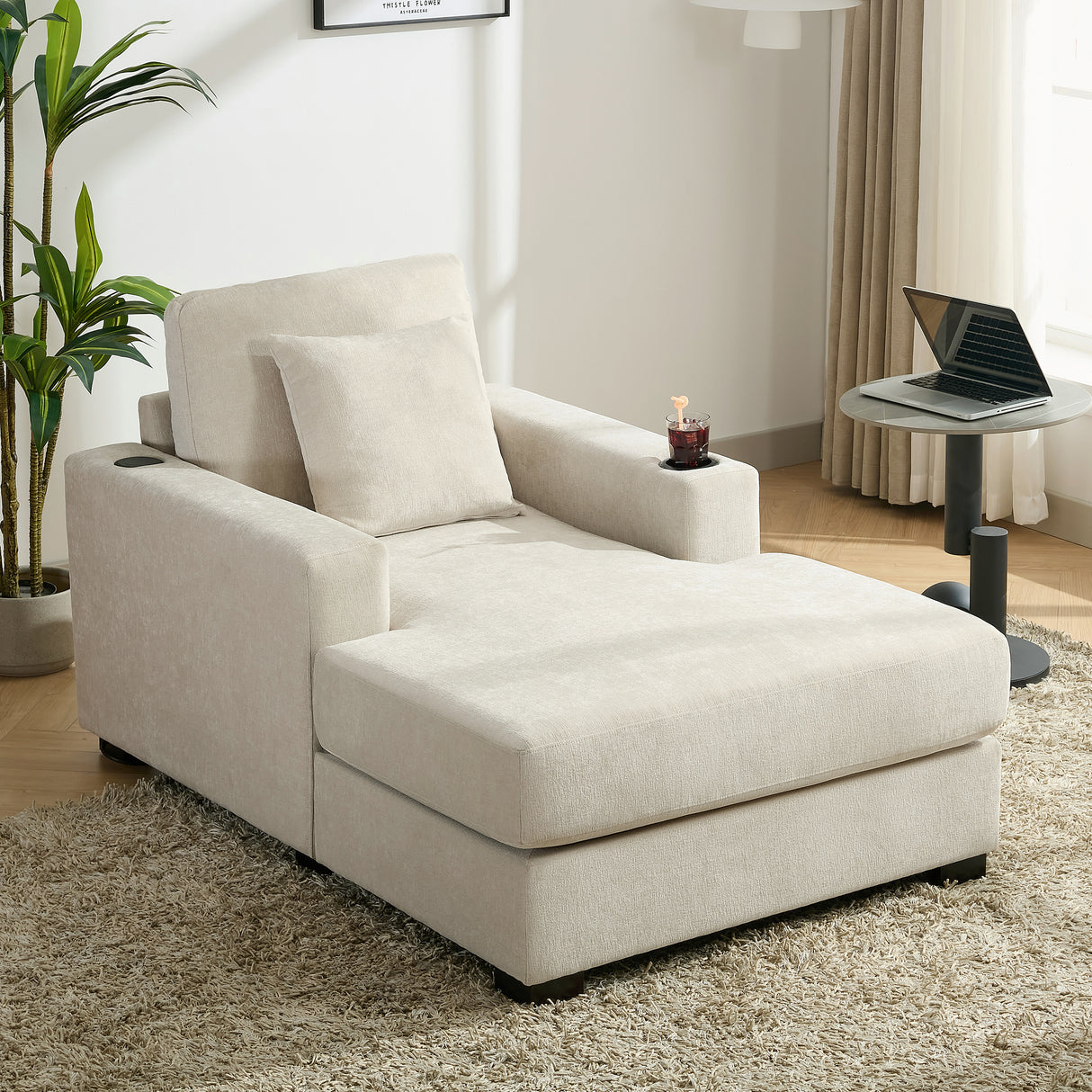 39.7" Oversized Chaise Lounger Modern Style Sofa Couch ,with Pillows, Charge Station & Cup Holders, Chenille Fabric, Cream - V.I.P Digital Presence