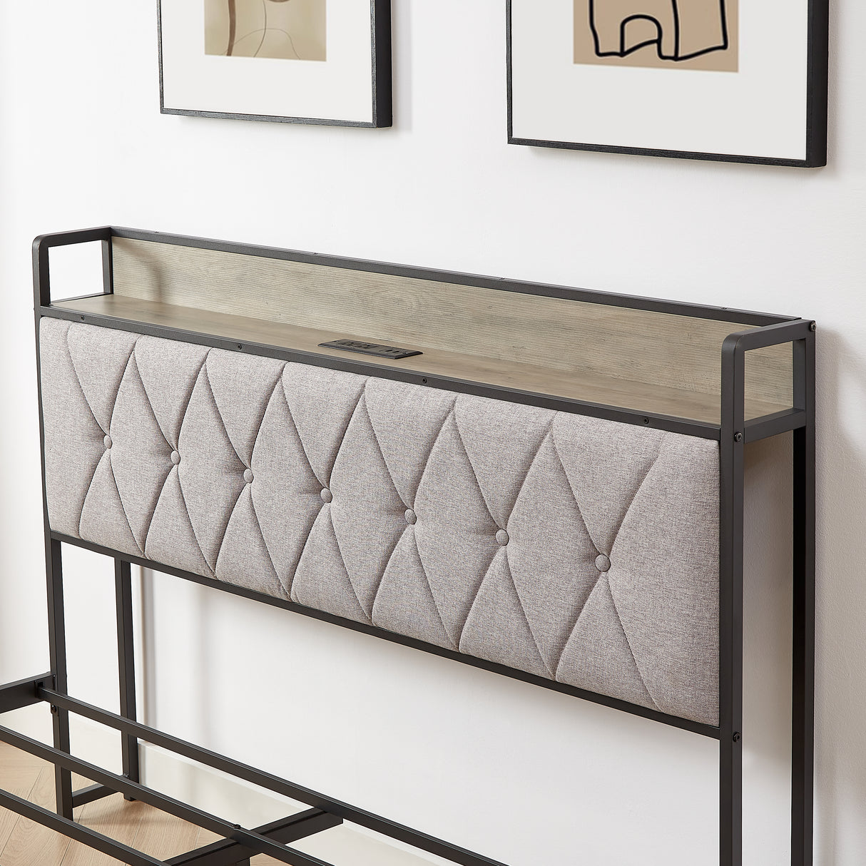 Bed frame with charging station full size, Grey, 83.1'' L x 56.1'' W x 39.2'' H. - V.I.P Digital Presence