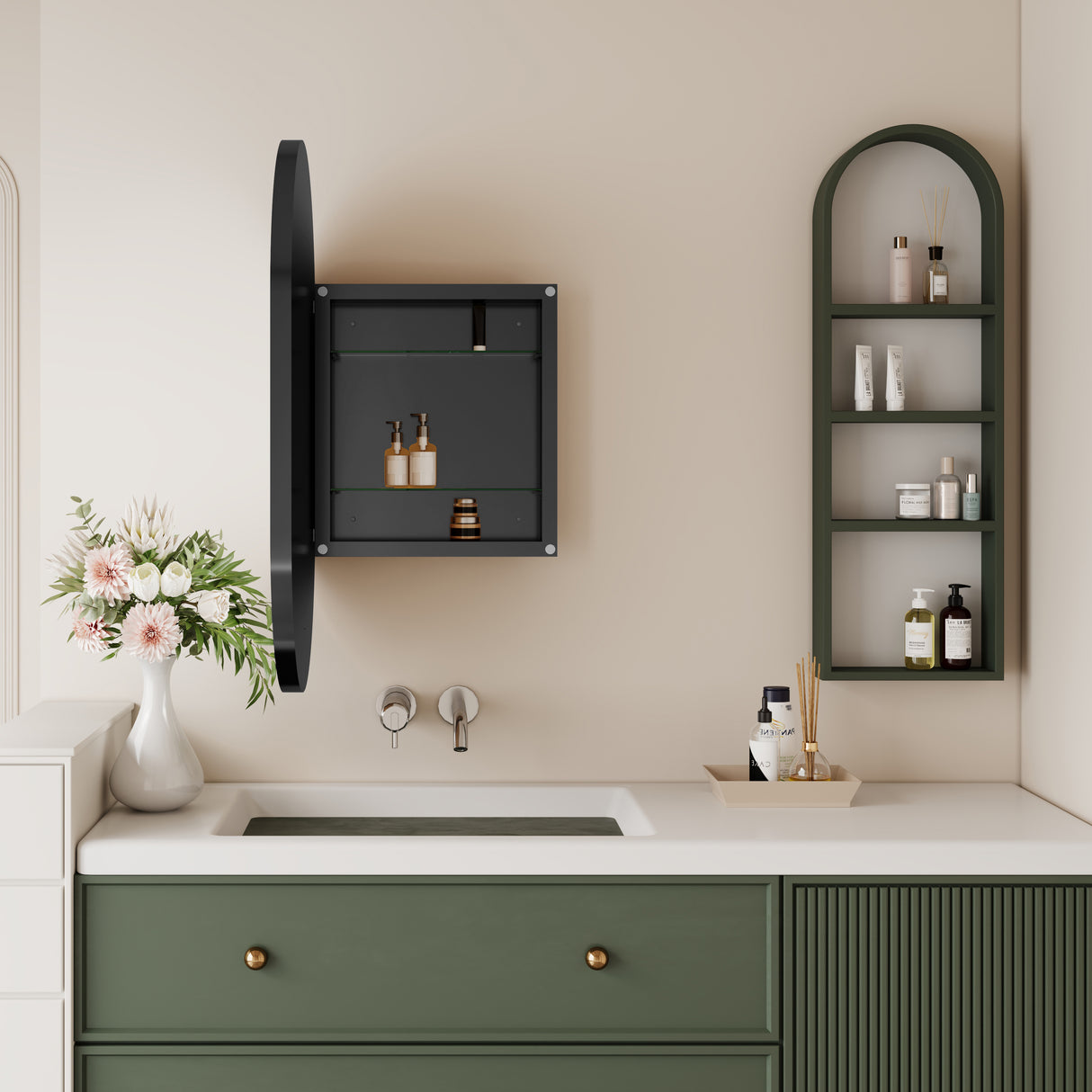 20x34 inch oval embedded medicine cabinet, metal frame bathroom cabinet with mirror and adjustable shelf matte black - V.I.P Digital Presence