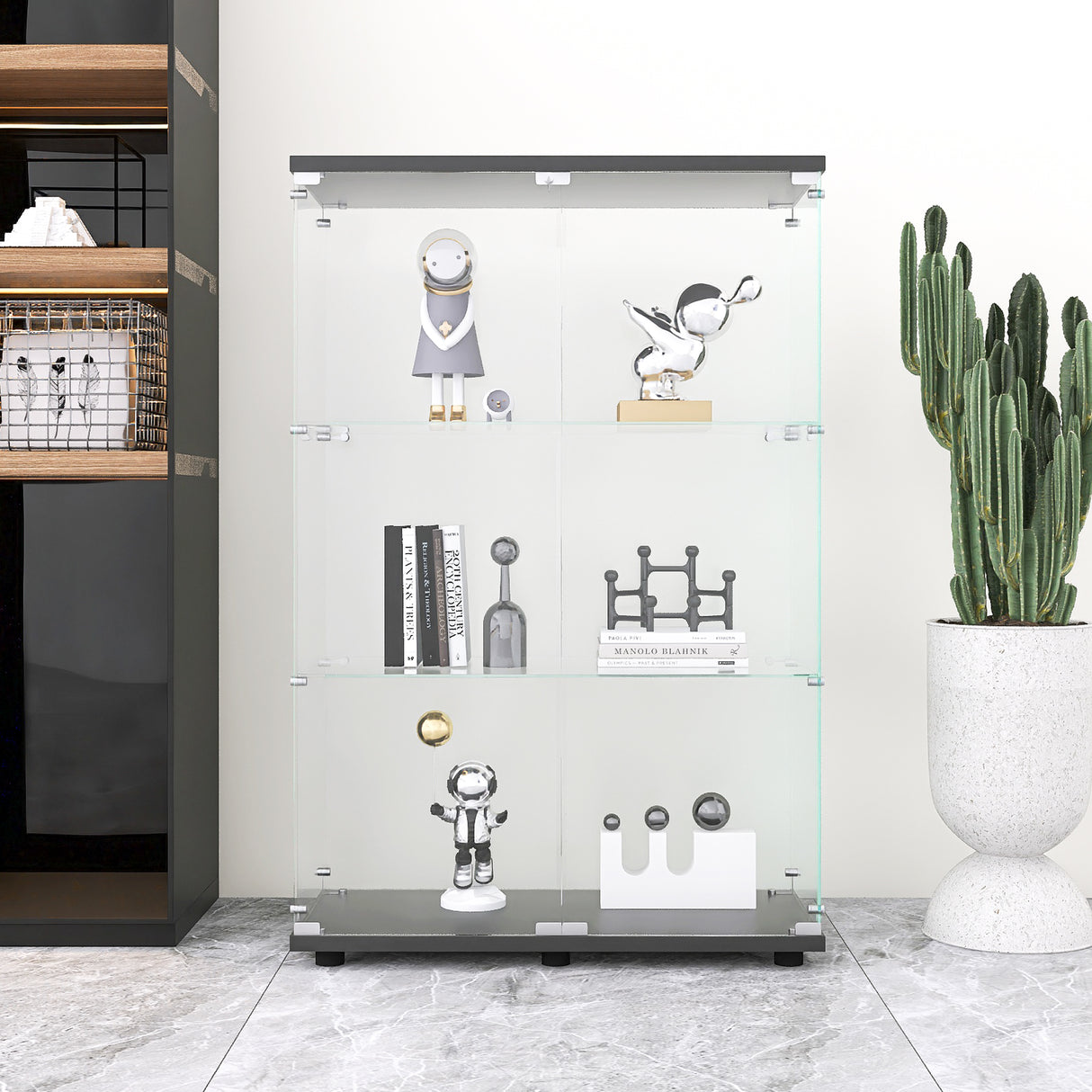 Three double door glass display cabinets with door frames, 49.3 inches * 31.7 inches * 14.3 inches, black - V.I.P Digital Presence