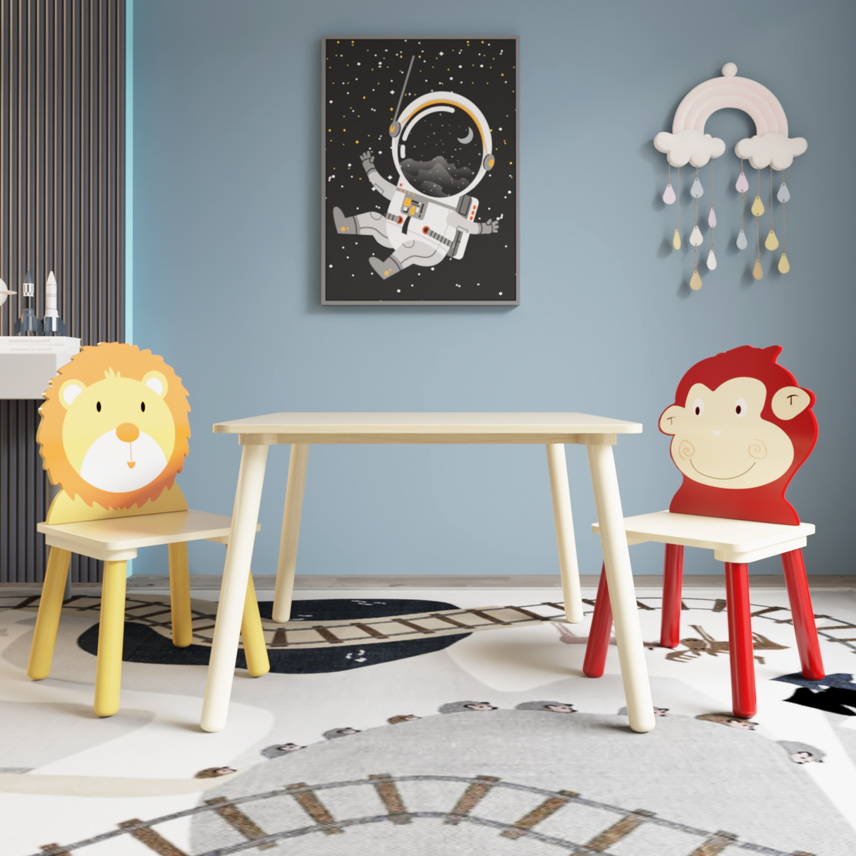 Kids Table and 2 Chairs Set 3 Pieces Toddler Table and Chair Set Wooden Activity Play Table Set (Lion&Monkey) - V.I.P Digital Presence