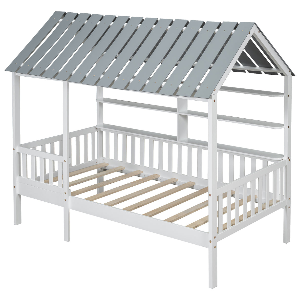 Wood Twin Size House Bed with Roof, Guardrail and Shelves, White - V.I.P Digital Presence