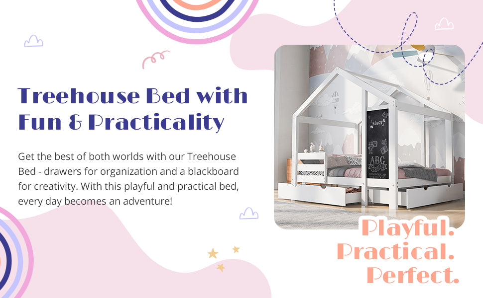 Full House Bed with Blackboard and Drawers Two assembly options White - V.I.P Digital Presence