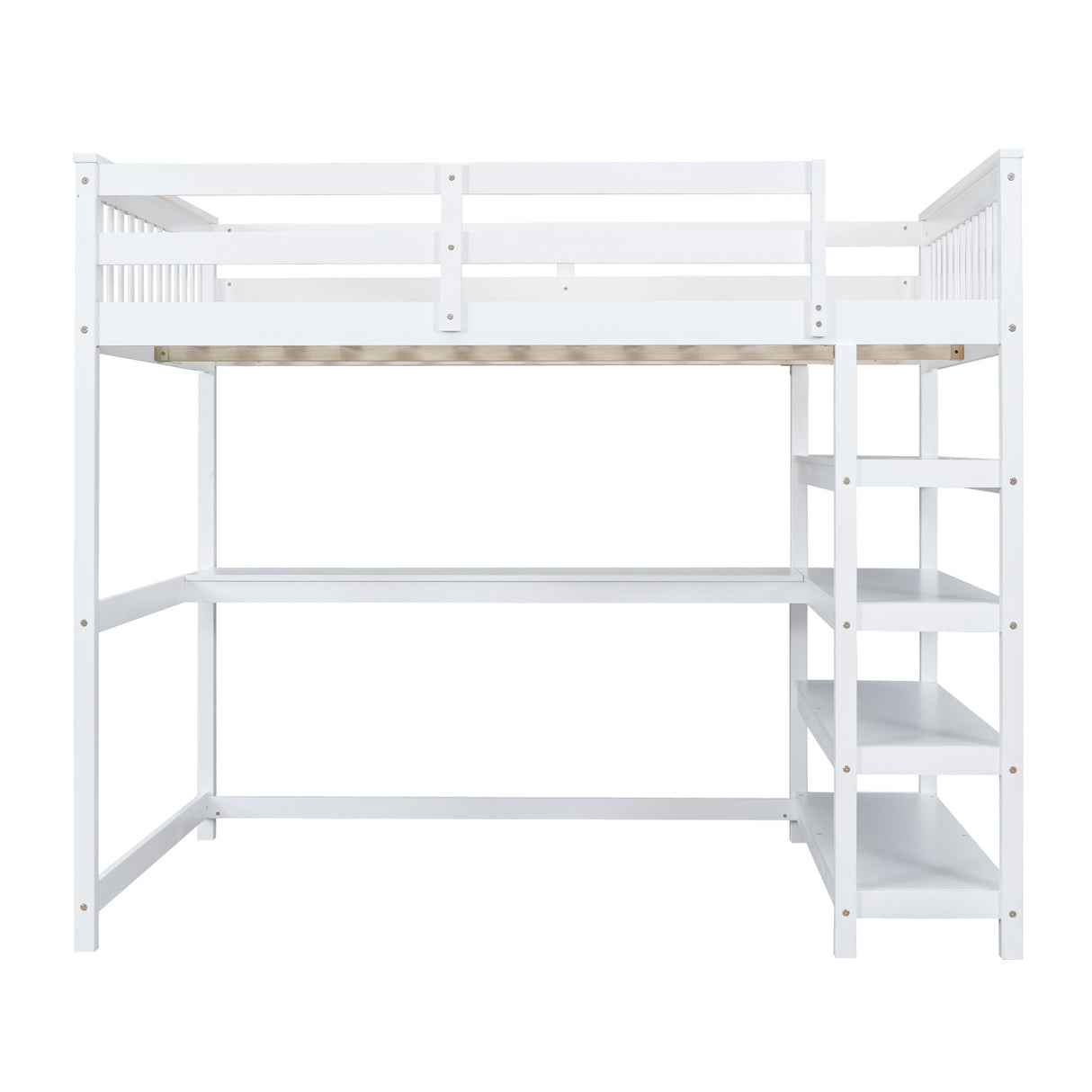 Full Size Loft Bed with Storage Shelves and Under-bed Desk White