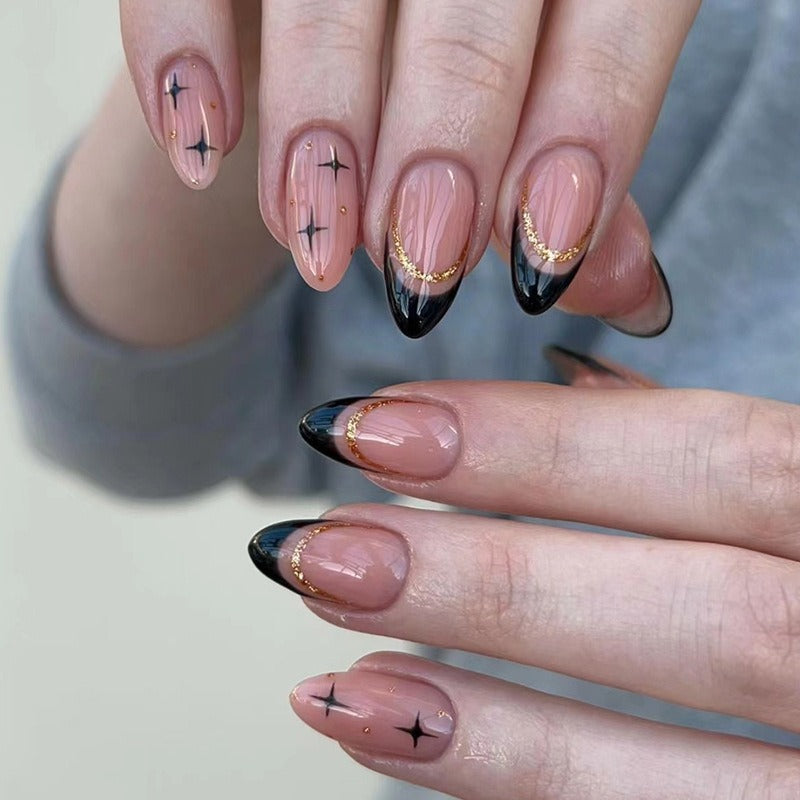 Sweet cool black French flash gold powder almond nails European and American fake nails removable nail pieces - V.I.P Digital Presence