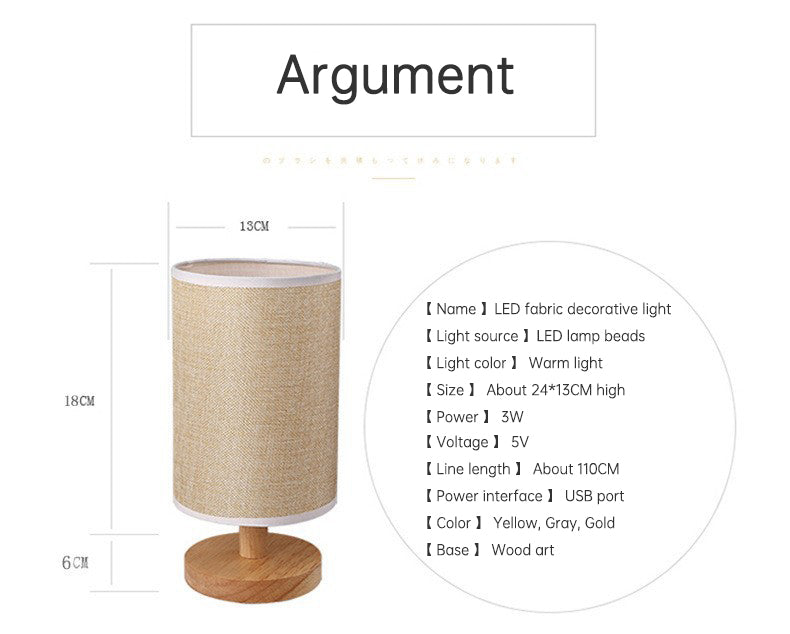 Linen Table Lamp LED Linen Night Lamp w/Warm White Light Linen Nightstand Lamp USB Powered Wooden Beside Lamp - V.I.P Digital Presence