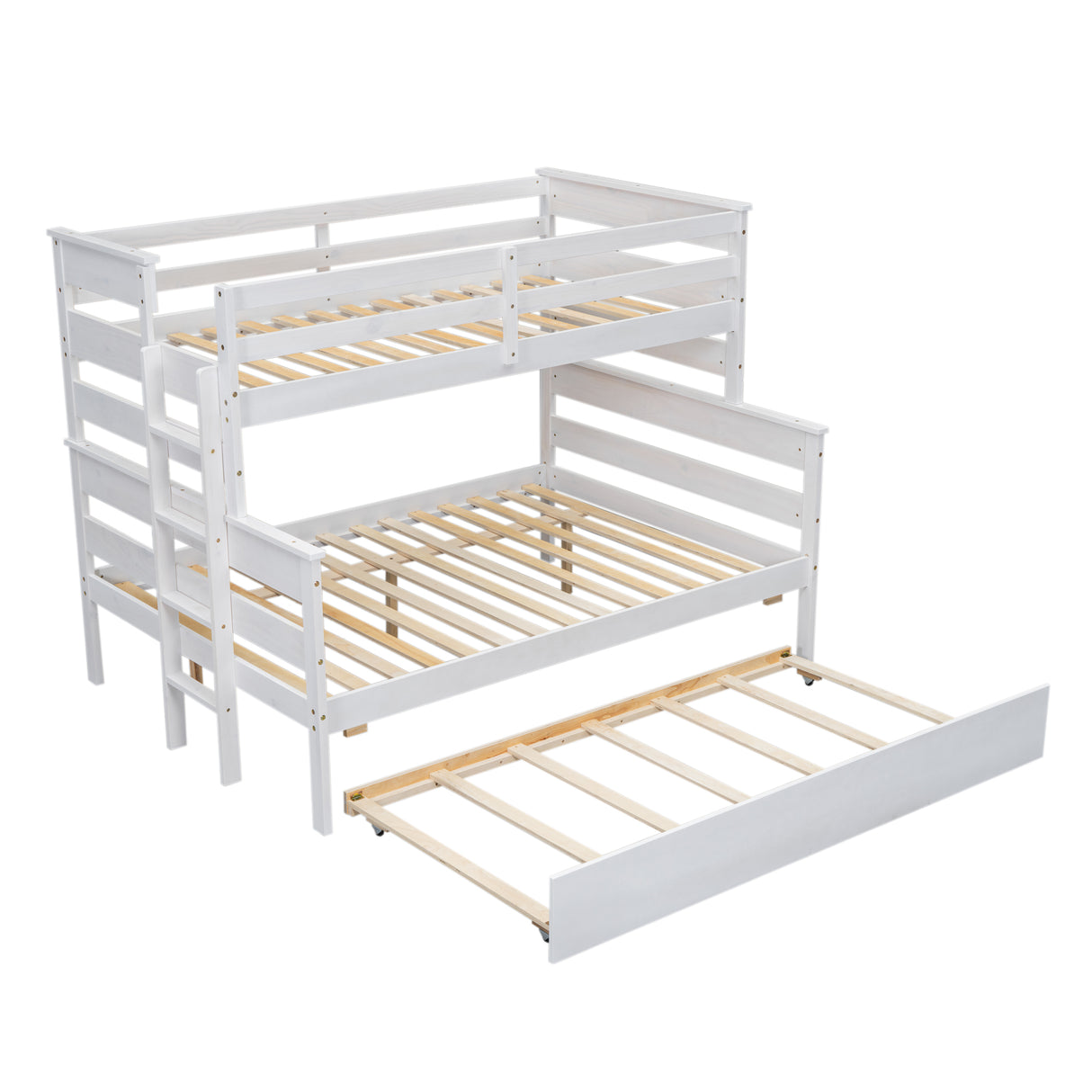 Wood Twin over Full Bunk Bed with Twin Size Trundle White