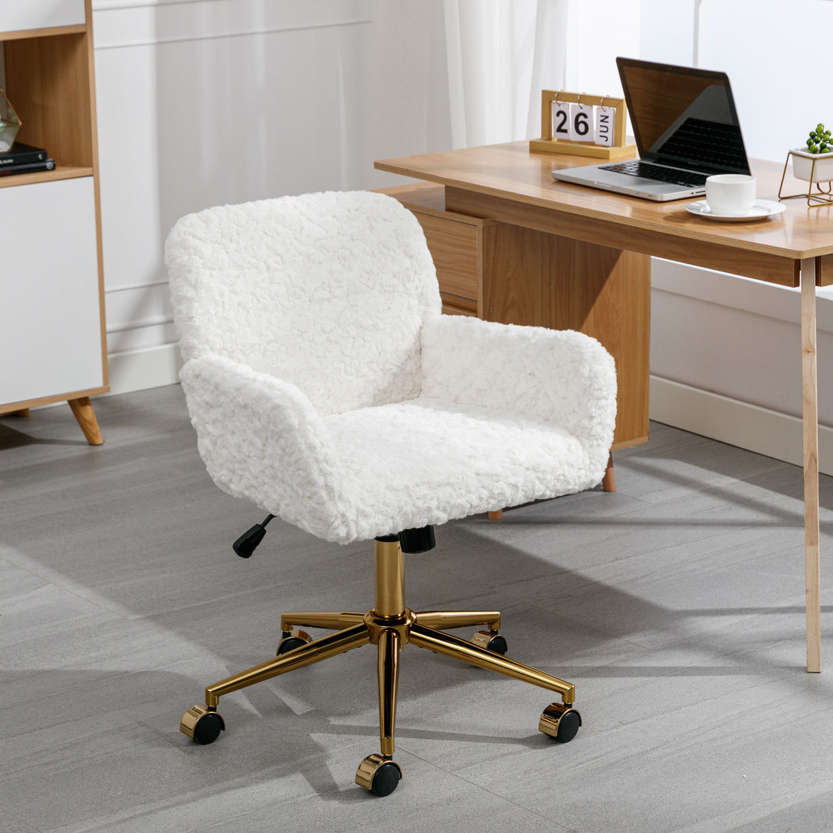 Artificial rabbit hair gold metal base home office chair adjustable chair rotating office chair, dressing chair (beige)