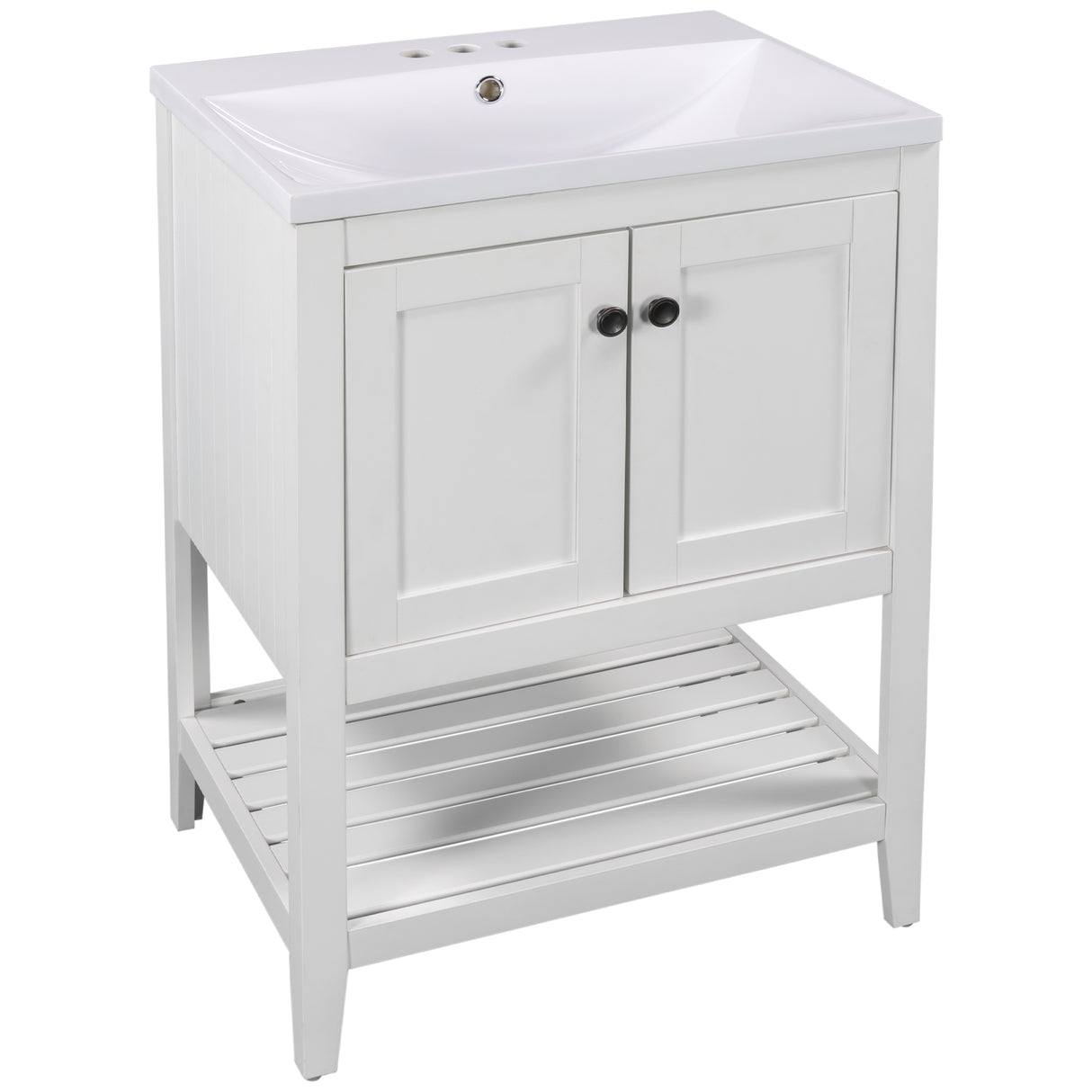 24" White Modern Sleek Bathroom Vanity Elegant Ceramic Sink with Solid Wood Frame Open Style Shelf - V.I.P Digital Presence