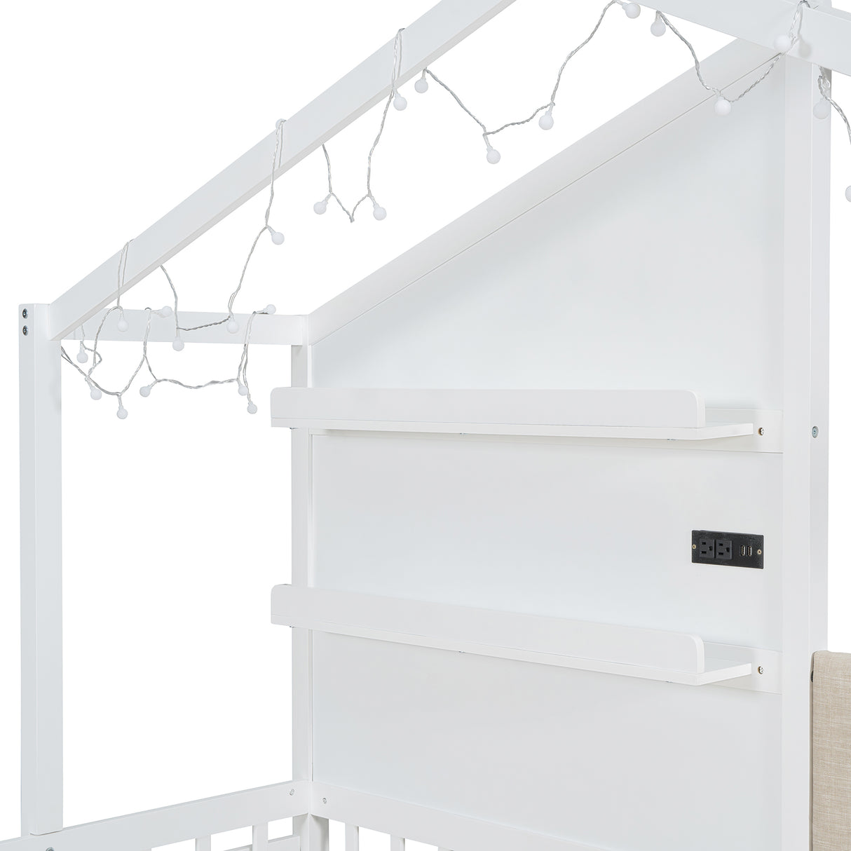 Twin Size House Bed with Upholstered Sofa, House Bed with Charging Station, Wireless Charging, Shelves and Two Drawers, White - V.I.P Digital Presence