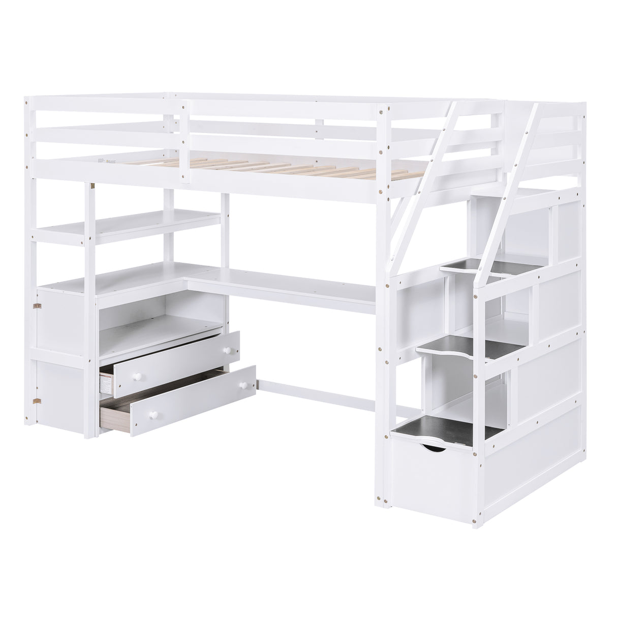 Twin Size Loft Bed with Desk and Shelves Two Built-in Drawers Storage Staircase White