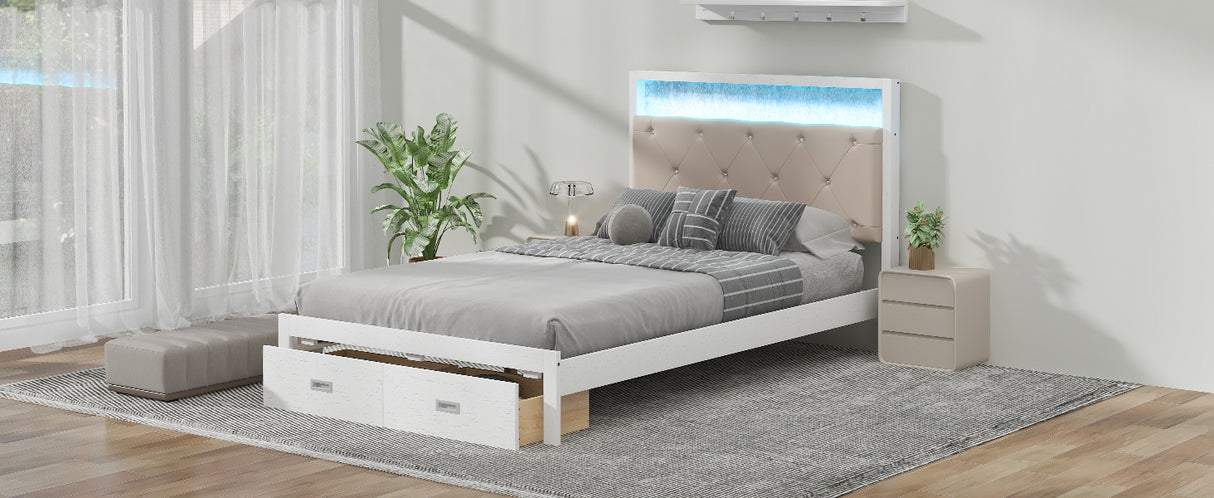 Wood Full Size Platform Bed with Upholstered Headboard and LED and 2 Drawers, Antique White - V.I.P Digital Presence